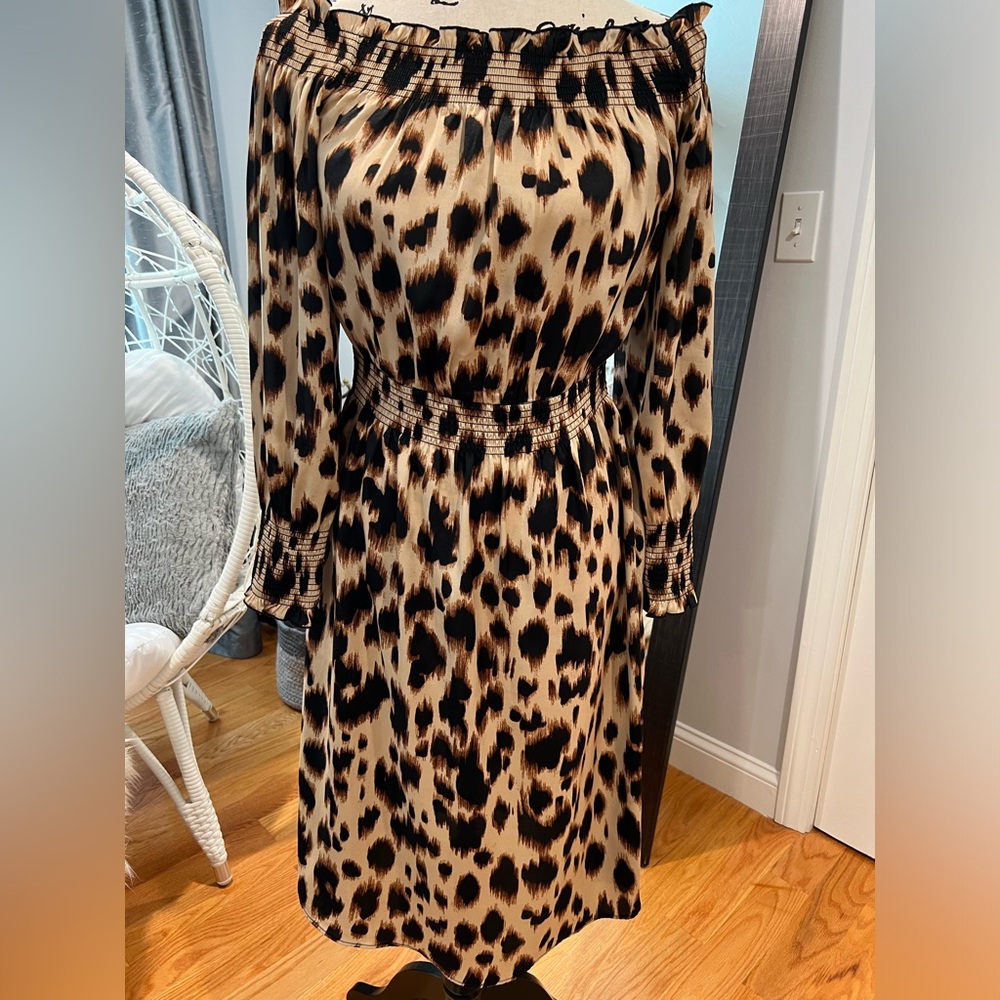 Beautiful, fun, flirty, leopard print off the shoulder dress